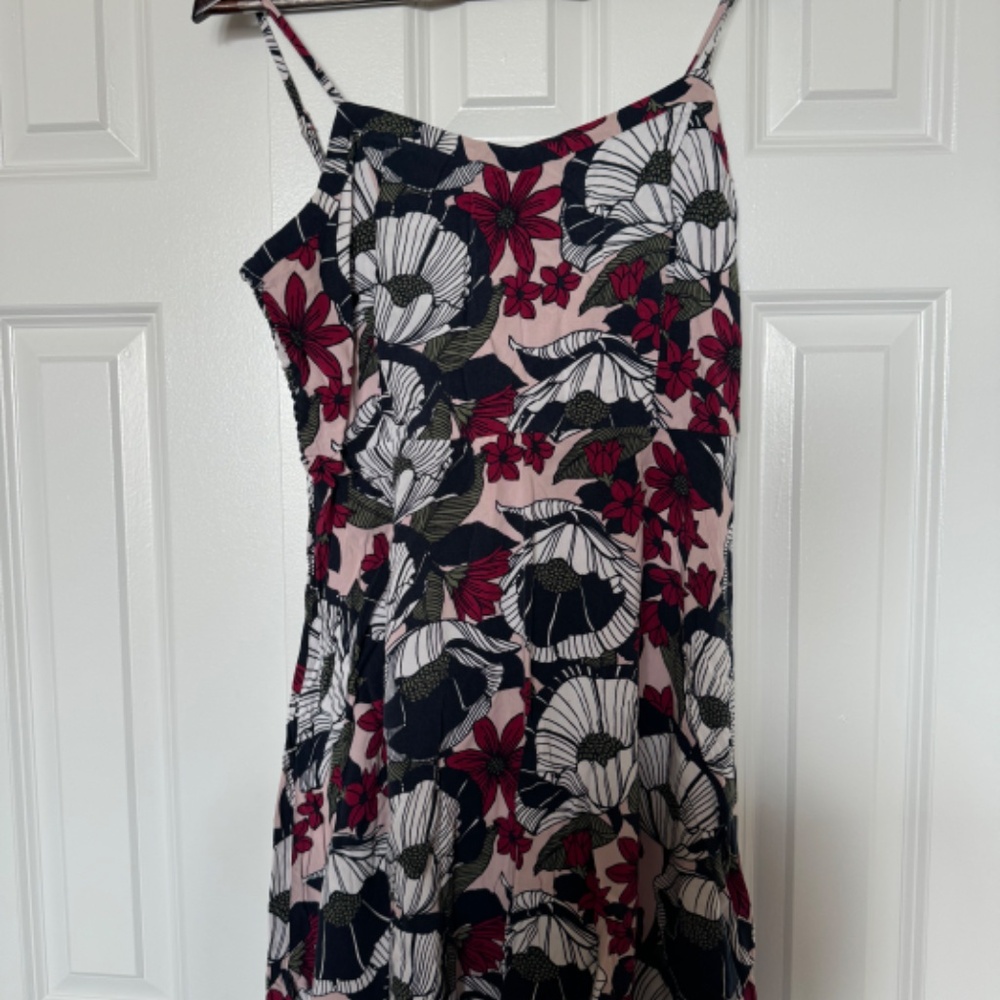 LOFT Pink Floral Mini Dress with Black, White & Burgundy Flowers